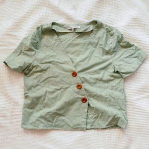 Green Gingham Button-Up Crop Top by English Factory